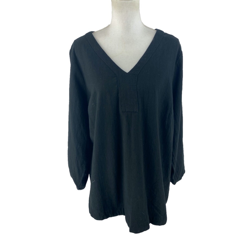 Soft Surroundings Plus 1X Banded V-Neck Pullover Blouse Cotton Lagenlook Relaxed